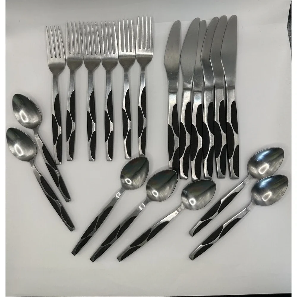Service for 6 Vintage Japan Black Half Circle Flatware Forks Knives Tablespoons